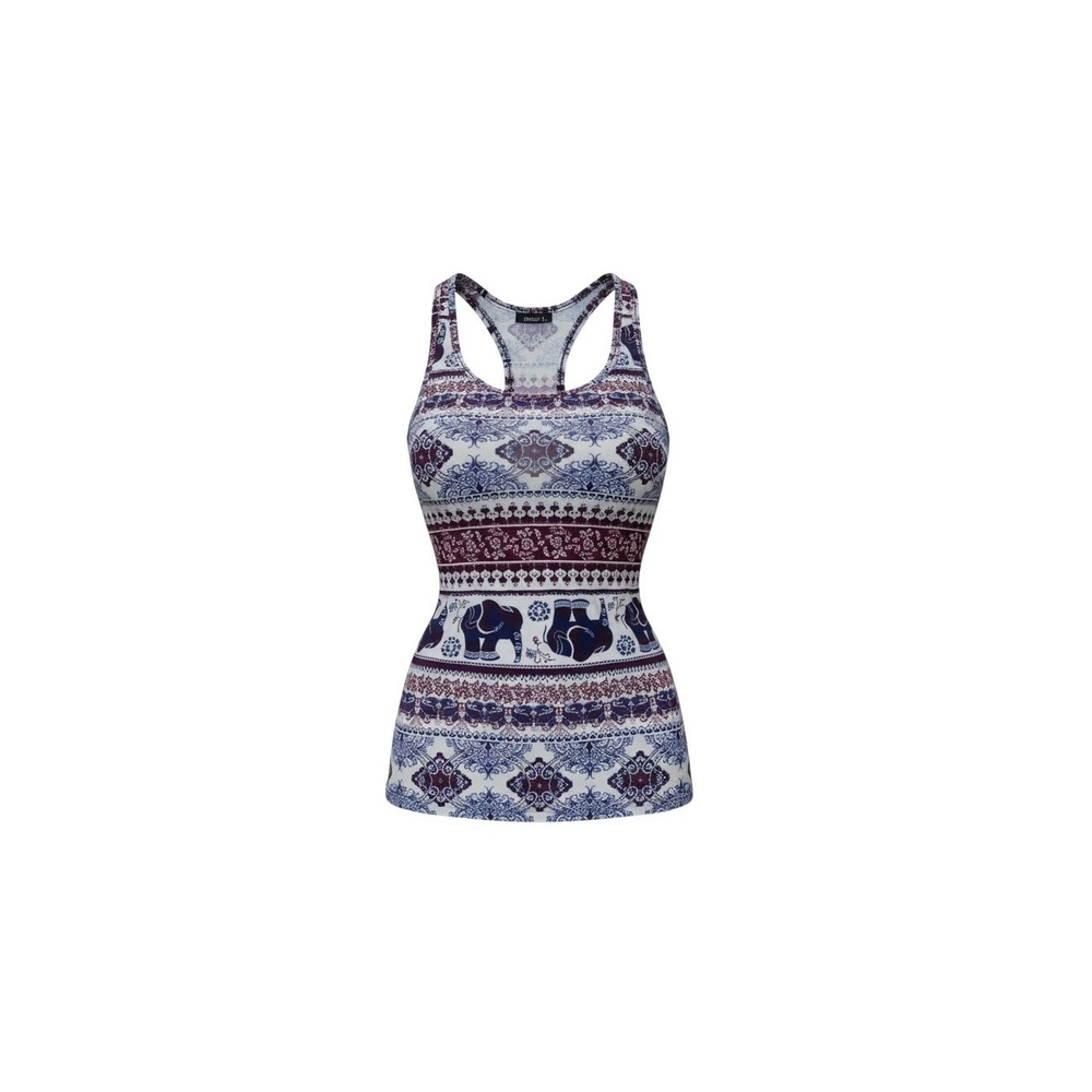 rue21 Tank Top Womens Medium White Blue Burgundy Elephant Boho Racerback 1395